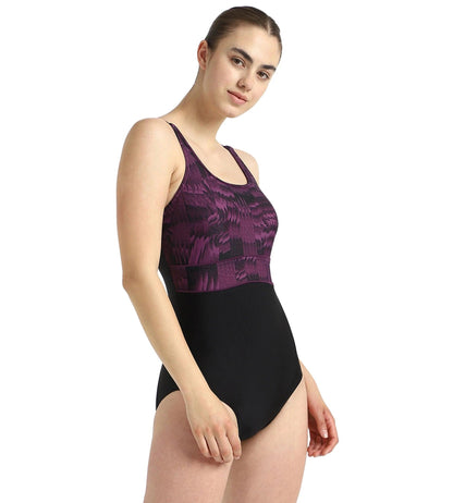 Women's Endurance10 Square Neck Printed V-Cut One Piece Swimsuit With Underband - Black & Plum Dandy