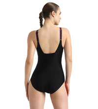 Women's Endurance10 Square Neck Printed V-Cut One Piece Swimsuit With Underband - Black & Plum Dandy