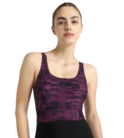 Women's Endurance10 Square Neck Printed V-Cut One Piece Swimsuit With Underband - Black & Plum Dandy