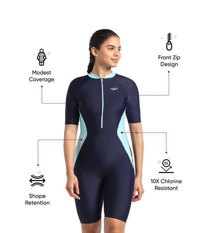 Women's Endurance 10 Essential Panel Kneesuit Swimwear - True Navy & Marine Blue