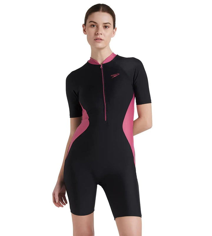 Women's Endurance 10 Essential Panel Kneesuit Swimwear - Black & Hotmauve