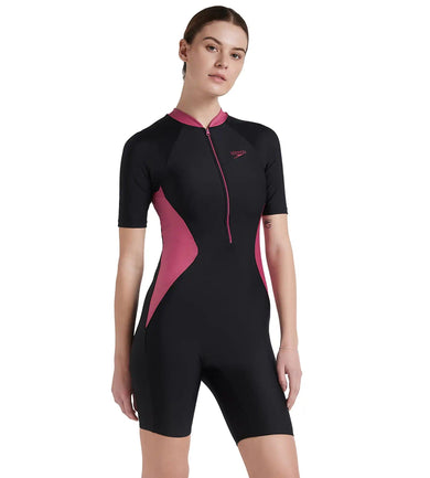 Women's Endurance 10 Essential Panel Kneesuit Swimwear - Black & Hotmauve