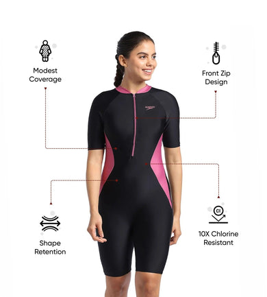 Women's Endurance 10 Essential Panel Kneesuit Swimwear - Black & Hotmauve