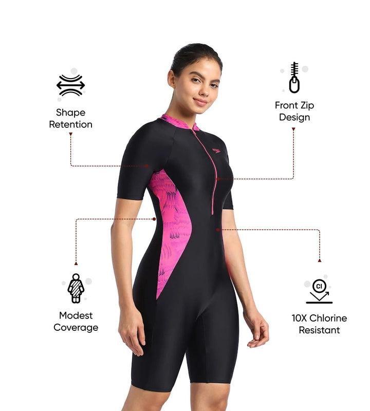 Women's Endurance 10 Essential Panel Printed Kneesuit Swimwear - Black & Wineberry