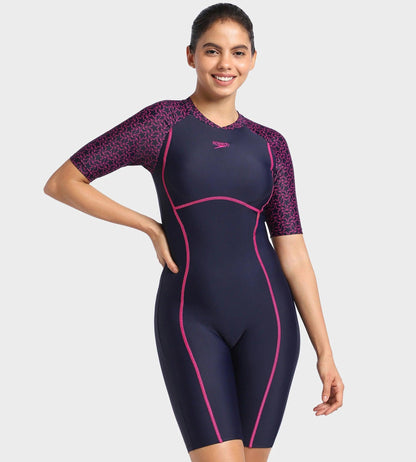 Women Endurance10 Essential Splice Print Closedback Kneesuit - True Navy & Electric Pink