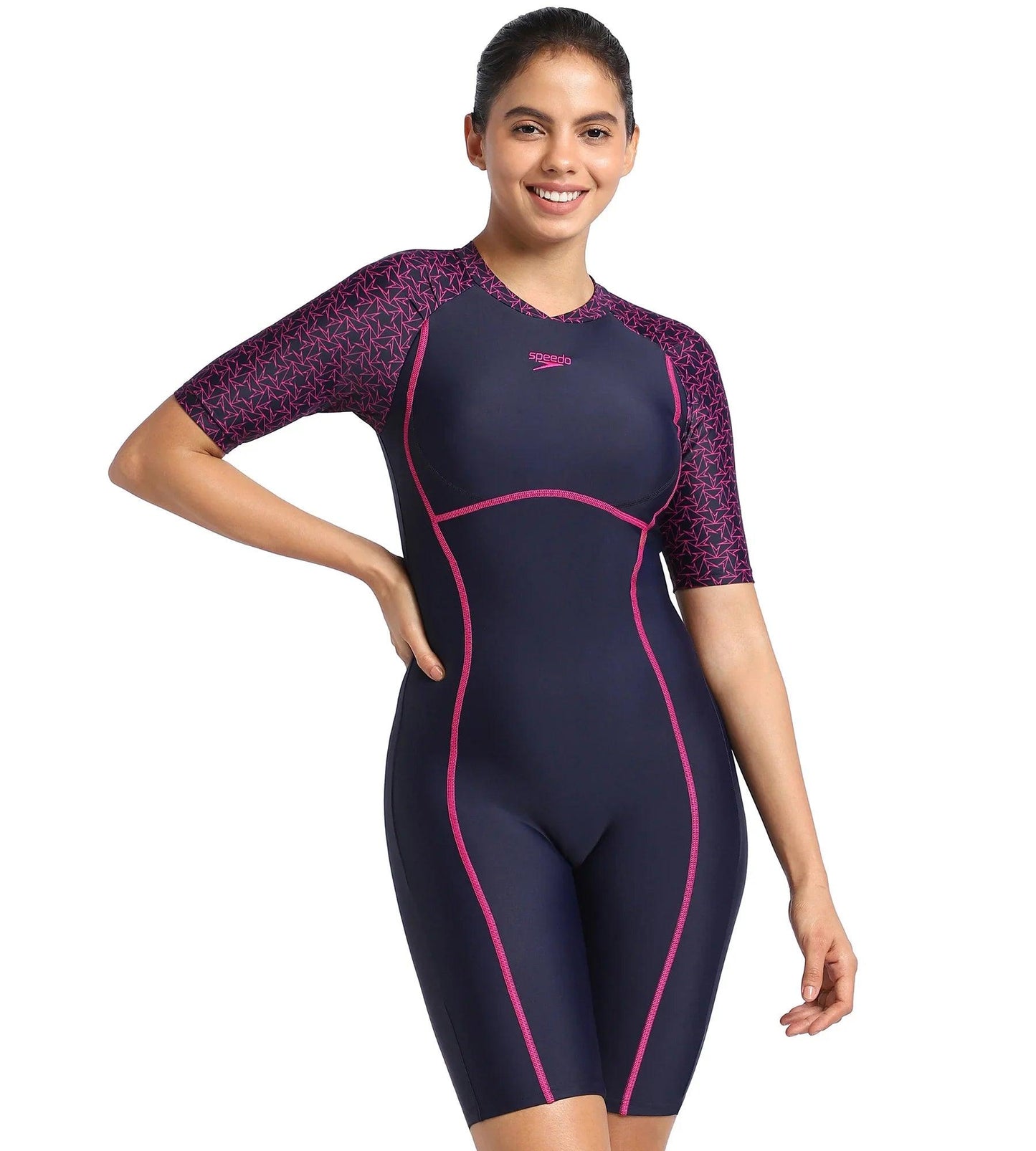 Women Endurance10 Essential Splice Print Closedback Kneesuit - True Navy & Electric Pink