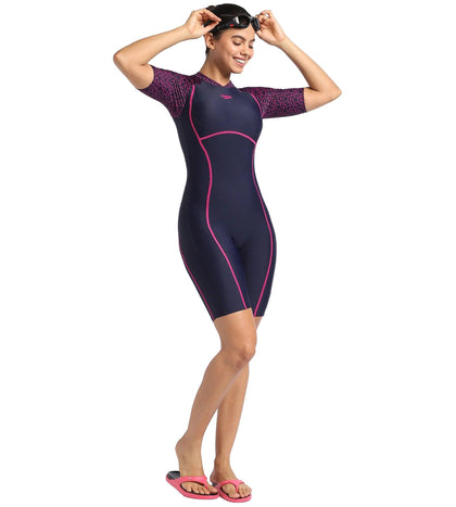 Women Endurance10 Essential Splice Print Closedback Kneesuit - True Navy & Electric Pink