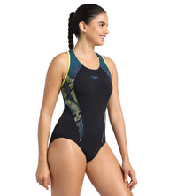 Women's Endurance Printed Racerback One Piece Swimwear - Black  &  Darkteal_2