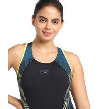 Women's Endurance Printed Racerback One Piece Swimwear - Black  &  Darkteal_5