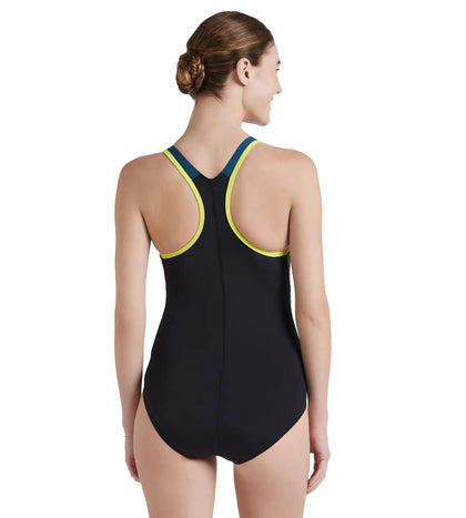 Women's Recycled Endurance+ Printed Racerback One Piece Swimwear - Black & Dark Teal