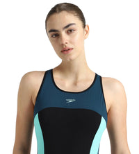 Women's Endurance+ High Neck Cross Back V-Cut One Piece Swimsuit - Black, Dark Teal & Arctic Glass