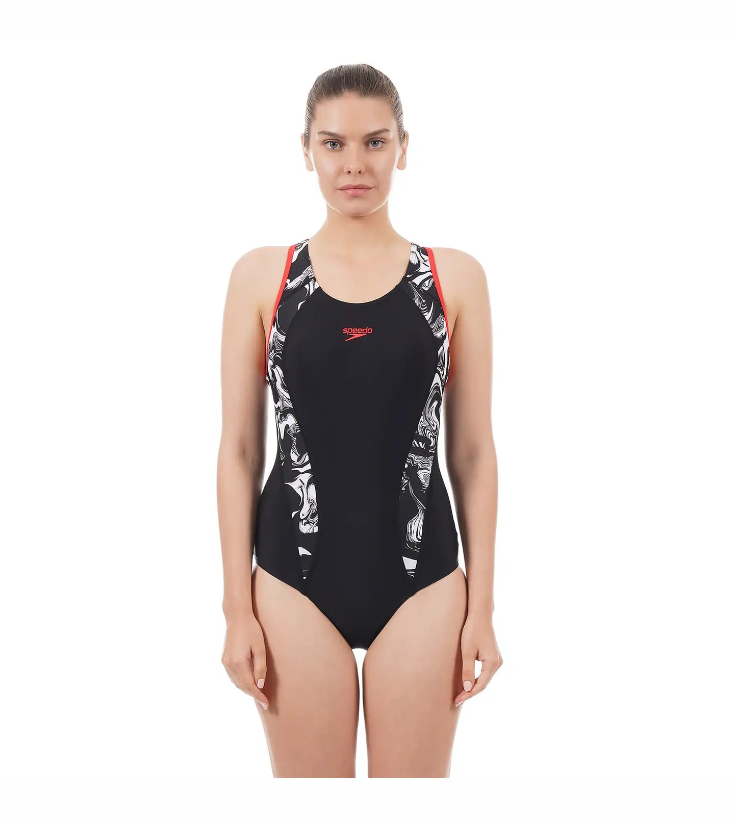 Women's Endurance Printed Fit Laneback One Piece Swimwear - Black  &  White_1