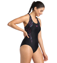 Women's Endurance Hyperboom Splice Racerback One Piece Swimwear - Black & Electric Pink_3