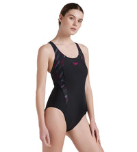 Women's Endurance 10 Hyperboom Splice Racerback One Piece Swimwear - Black & Electric Pink