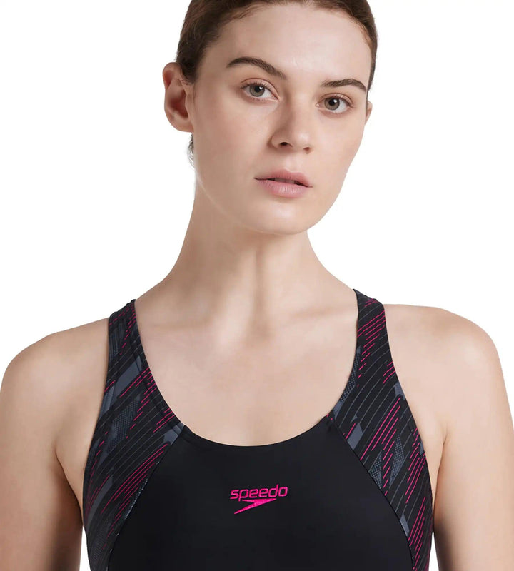 Women's Endurance 10 Hyperboom Splice Racerback One Piece Swimwear - Black & Electric Pink