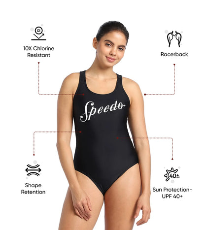 Women's Endurance 10 Heritage Logo Racerback One Piece Swimwear - Black & White