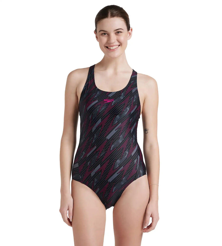 Women's Endurance 10 Hyperboom Printed Racerback One Piece Swimwear - Black & Electric Pink