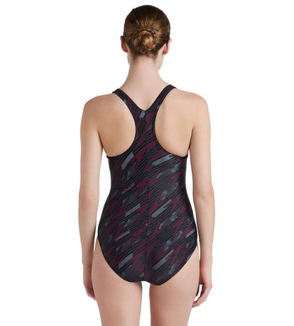 Women's Endurance 10 Hyperboom Printed Racerback One Piece Swimwear - Black & Electric Pink