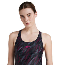 Women's Endurance 10 Hyperboom Printed Racerback One Piece Swimwear - Black & Electric Pink