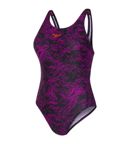 Women's Endurance 10 Boom Printed Racerback V-Cut Swimsuit - Black, Electric Pink