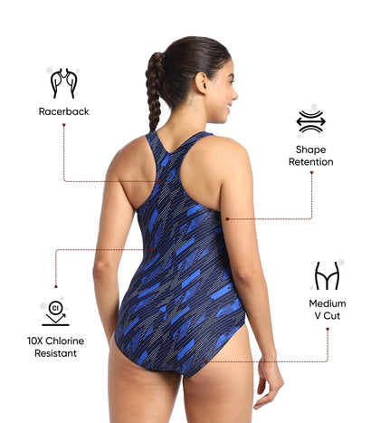 Women's Endurance 10 Hyperboom Printed Racerback One Piece Swimwear - True Navy & True Cobalt