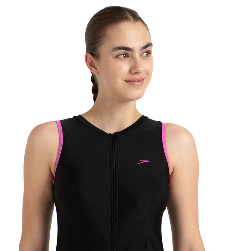 Women's Endurance10 Closedback Swimdress With Boyleg - Black & Neon Violet