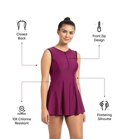 Women's Endurance 10 Closedback Swimdress With Boyleg - Deep Plum & Black