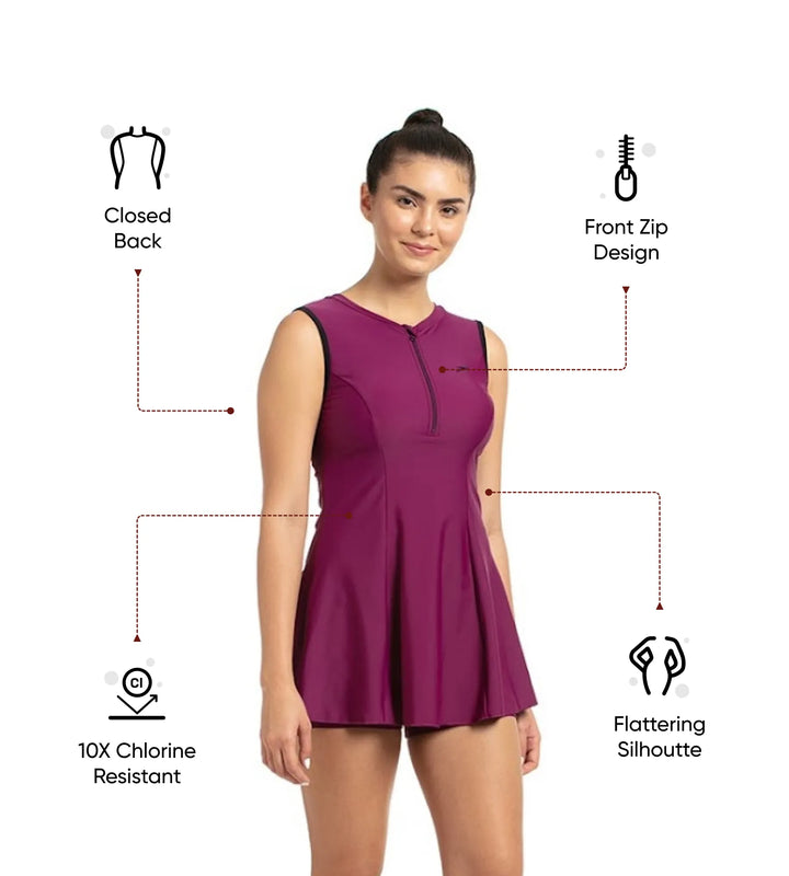 Women's Endurance 10 Closedback Swimdress With Boyleg - Deep Plum & Black