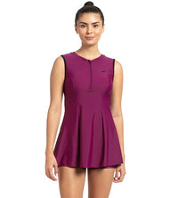 Women's Endurance Closedback Swimdress With Boyleg - Deep Plum & Black_1