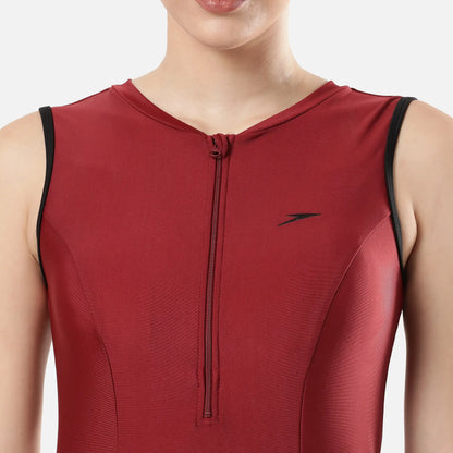 Women's Endura Brite Closedback Swimdress With Boyleg - Oxblood & Black