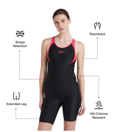 Women's Endurance 10 Essential Panel Racerback Legsuit Swimwear - Black & Raspberry Fill