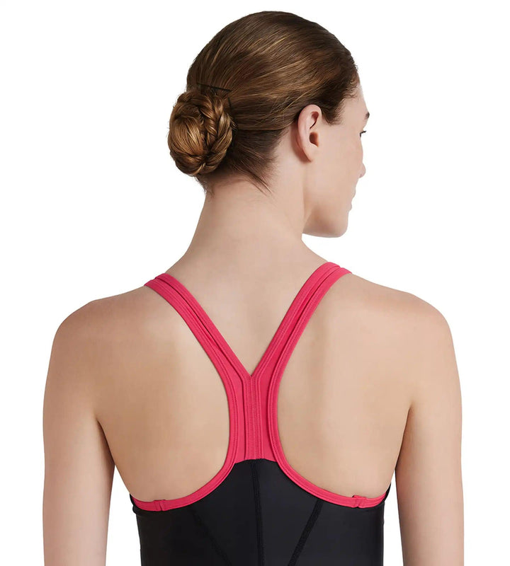 Women's Endurance 10 Essential Panel Racerback Legsuit Swimwear - Black & Raspberry Fill