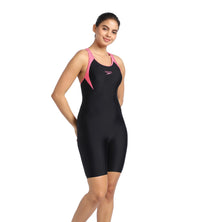 Women's Endurance Essential Panel Racerback Legsuit Swimwear  - Black  &  Fandango Pink_3