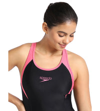 Women's Endurance Essential Panel Racerback Legsuit Swimwear  - Black  &  Fandango Pink_5