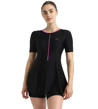 Women's Endurance10 Closedback Sleeved Swimdress With Boyleg - Black & Neon Violet