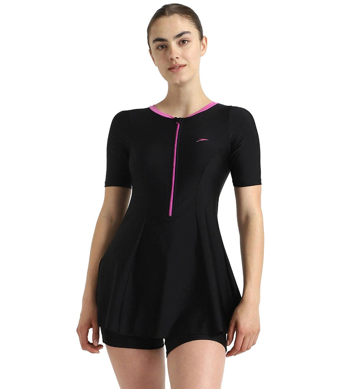 Women's Endurance10 Closedback Sleeved Swimdress With Boyleg - True Navy & Arctic Glass