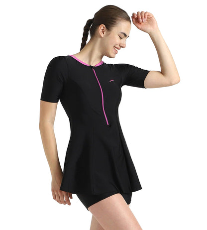 Women's Endurance10 Closedback Sleeved Swimdress With Boyleg - Black & Neon Violet