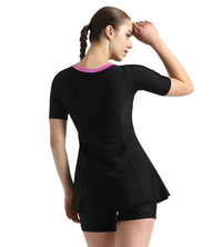 Women's Endurance10 Closedback Sleeved Swimdress With Boyleg - Black & Neon Violet