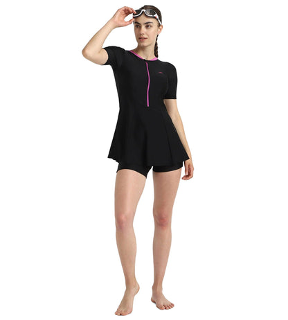 Women's Endurance10 Closedback Sleeved Swimdress With Boyleg - Black & Neon Violet