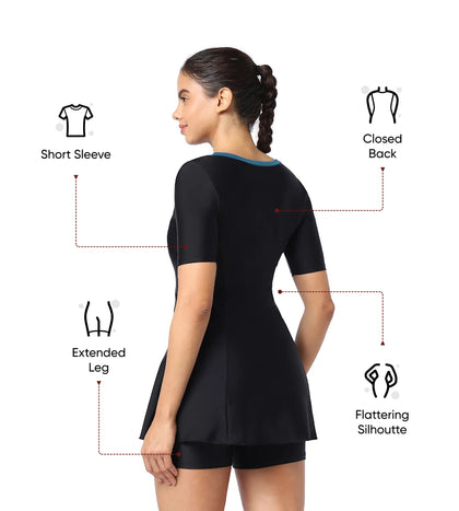 Women's Endurance10 Closedback Short Sleeve Swimdress With Boyleg - Black & Dark Teal