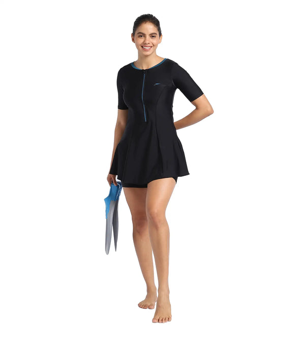 Women's Endurance10 Closedback Short Sleeve Swimdress With Boyleg - Black & Dark Teal_2