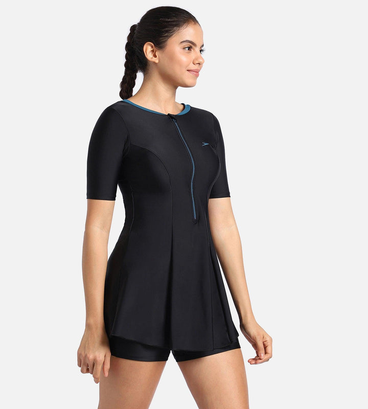 Women's Endurance10 Closedback Short Sleeve Swimdress With Boyleg - Black & Dark Teal