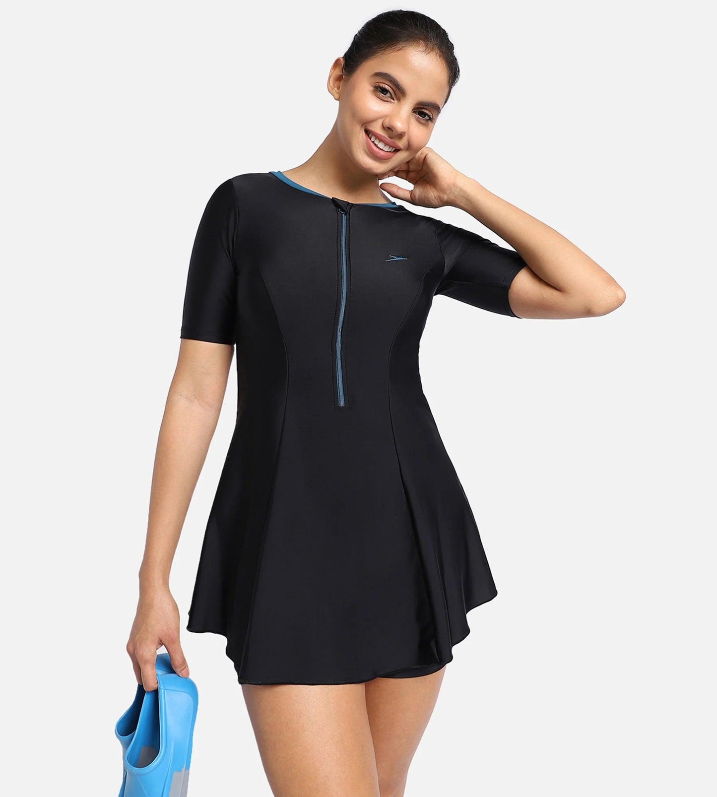 Women's Endurance10 Closedback Short Sleeve Swimdress With Boyleg - Black & Dark Teal