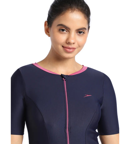 Women's Endurance10 Closedback Short Sleeve Swimdress With Boyleg - True Navy & Hotmauve_5