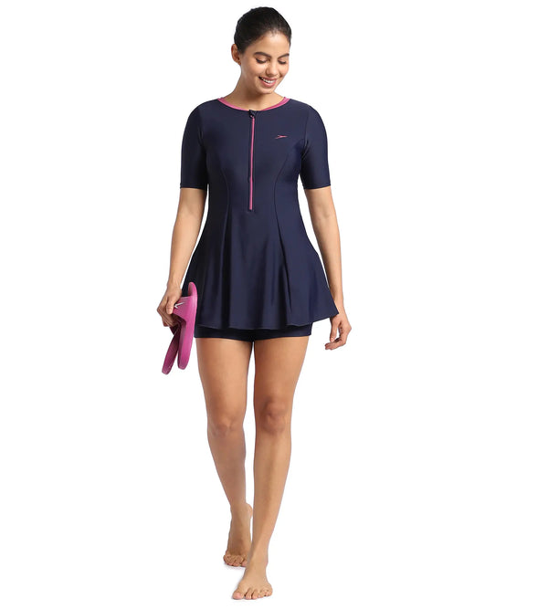 Women's Endurance10 Closedback Short Sleeve Swimdress With Boyleg - True Navy & Hotmauve_2