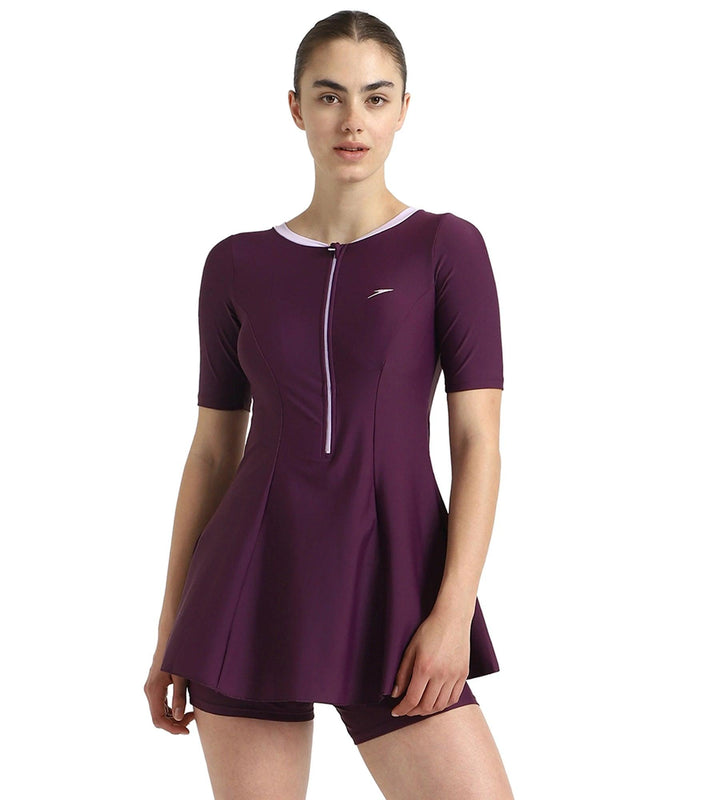 Women's Enduraflex Closedback Sleeved Swimdress With Boyleg - Plum Dandy & Lilac Breeze