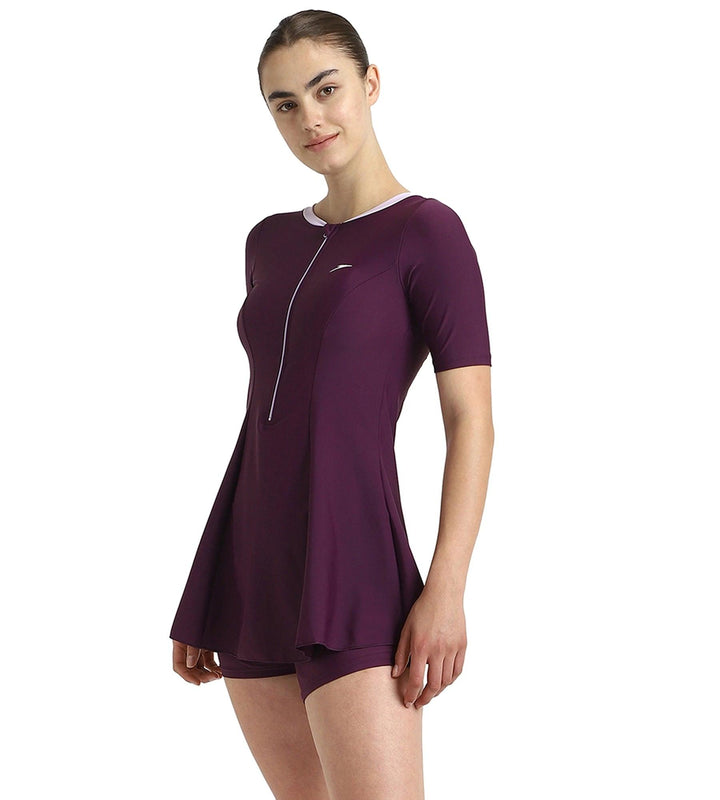 Women's Enduraflex Closedback Sleeved Swimdress With Boyleg - Plum Dandy & Lilac Breeze