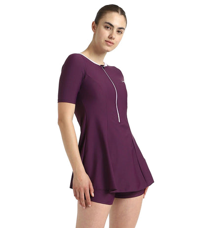 Women's Enduraflex Closedback Sleeved Swimdress With Boyleg - Plum Dandy & Lilac Breeze