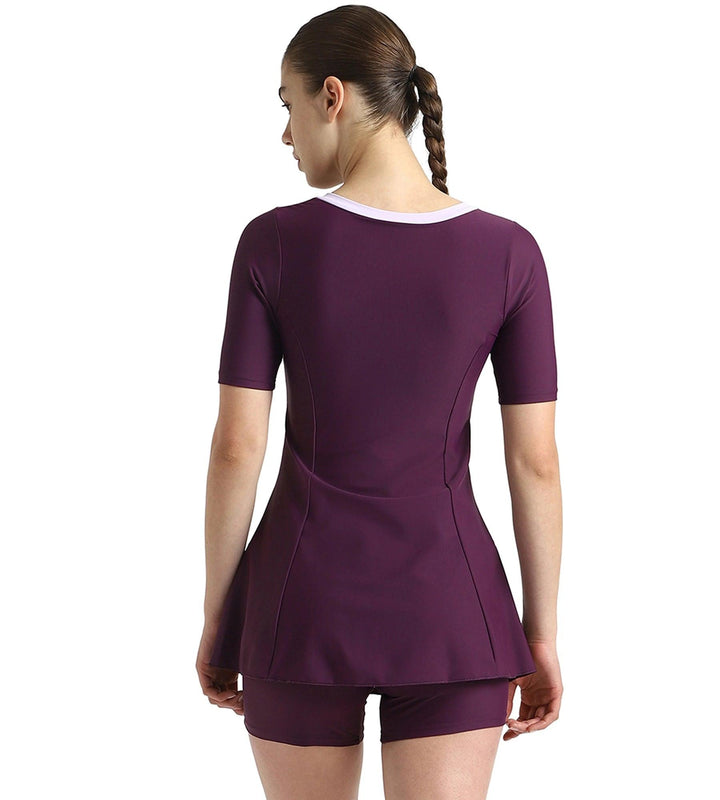 Women's Enduraflex Closedback Sleeved Swimdress With Boyleg - Plum Dandy & Lilac Breeze