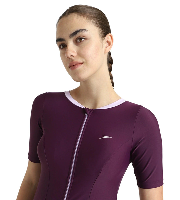 Women's Enduraflex Closedback Sleeved Swimdress With Boyleg - Plum Dandy & Lilac Breeze